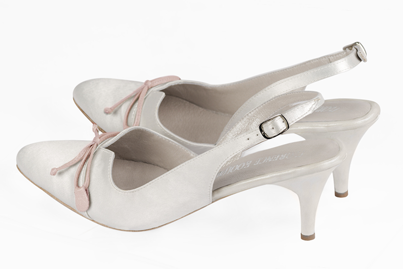 Pure white women's open back shoes, with a knot. Round toe. Medium slim heel. Rear view - Florence KOOIJMAN